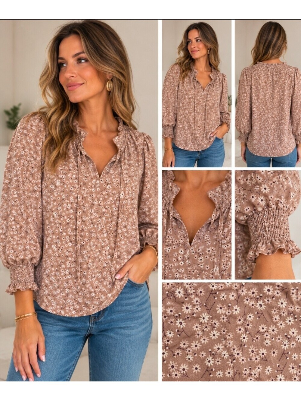 Adrianna Papell Floral Tie Neck Blouse Puff Sleeve Smocked Boho XL?